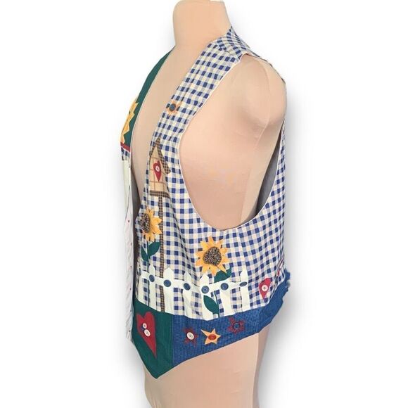 Vintage Handmade Vest Blue White Gingham Checks Sunflower Buttons Open Front - Picture 3 of 14
